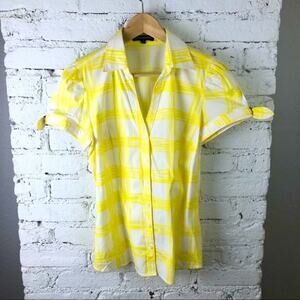 Express Yellow White Plaid Buckle Sleeve Blouse